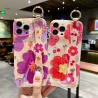 เคสโทรศัพท์ขาตั้งสายรัดข้อมือภาพดอกไม้สีน้ำมันหรูสำหรับ Iphone 14 13 12 11 Pro Max XS Max XR 7 8 Plus SE 2ปกอ่อน