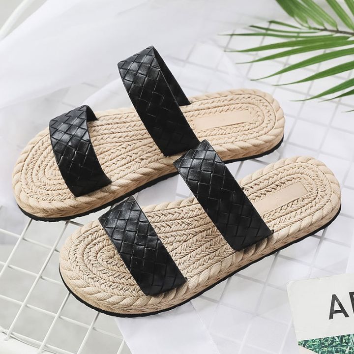 summer-travel-outside-wear-new-imitation-straw-rope-female-sandals-fashion-a-word-procrastinates-beach-thick-bottom-flat-with-female-slippers