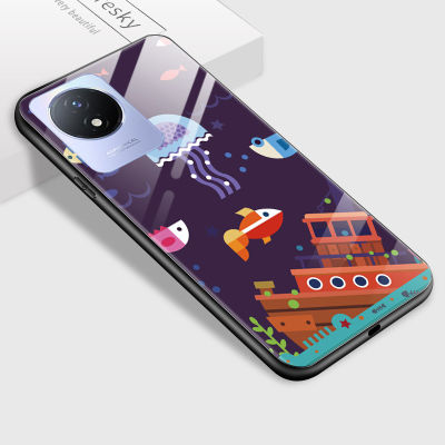 GGK เคส Vivo ลายการ์ตูน Y02T Y02A สำหรับเด็กผู้หญิงเคสลายสัตว์ญี่ปุ่นน่ารักเคสแนวคิดศิลปะมันวาวฝาหลังกระจกเทมเปอร์กันกระแทก