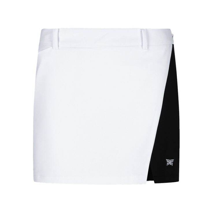 pxg-เสื้อผ้ากอล์ฟผู้หญิงกระโปรงสะโพกกระโปรงกีฬาบางเฉียบสีดำและสีขาวตัดกันคลาสสิกกระโปรงป้องกันการลื่นไถล