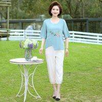 ✲ Mother summer suit western style clothes on middle-aged 40 50 middle-aged female yards short sleeve T-shirt two-piece tide