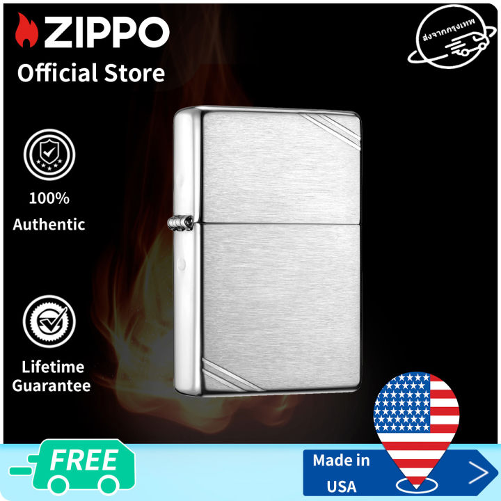 zippo-vintage-brushed-chrome-windproof-pocket-lighter-with-zippo-logo-zippo-230-ไฟแช็กไม่มีเชื้อเพลิงภายใน