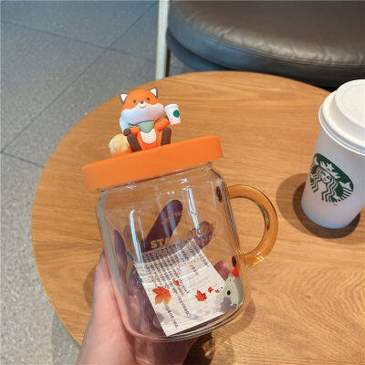 Startbuck ขาตั้งกล้อง Starbuck Fox Starbuck ถ้วยสุนัขจิ้งจอกน่ารักแก้วกระจกหุ้มแก้วเมสันการ์ตูนทนความร้อนถ้วยชาถ้วยหวายเกาหลี