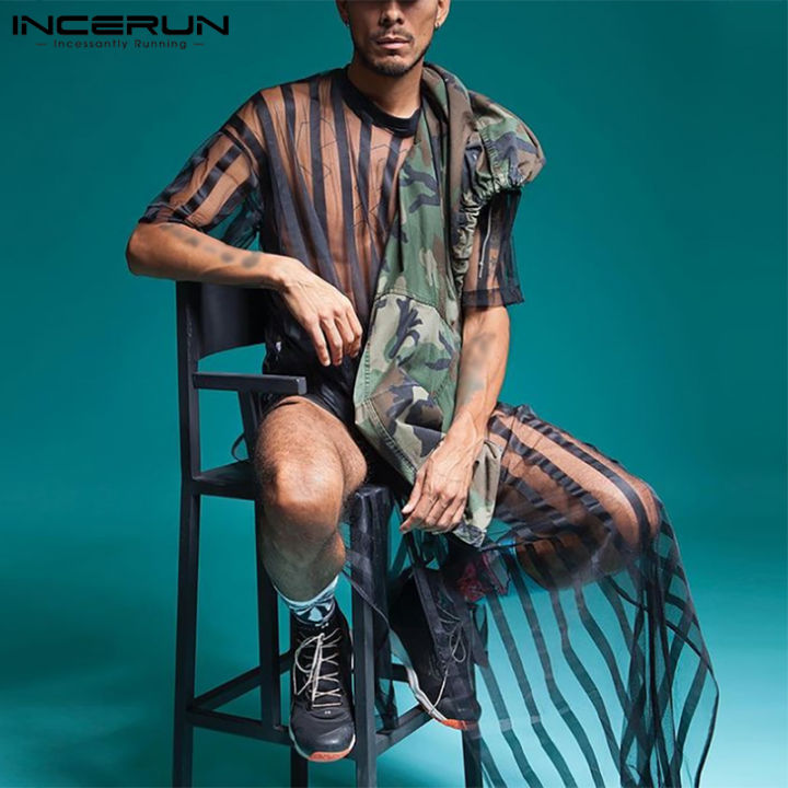 incerun-เสื้อคาฟตันแขนสามส่วนสำหรับผู้ชาย-เสื้อยืดลายตาข่ายซีทรูแฟชั่นเสื้อเบลาส์