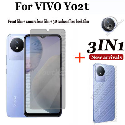 สินค้าใหม่กระจกเทมเปอร์ (3 In 1) สำหรับ VIVO Y02t ฟิล์มกระจกเทมเปอร์กระจกนิรภัยฟิล์มป้องกัน + คาร์บอนไฟเบอร์สำรอง + เลนส์กล้องถ่ายรูปสำหรับ VIVO Y02a ความเป็นส่วนตัว/สีม่วงกระจกนิรภัยป้องกันแสงม่วงน้ำเงินกระจกเทมเปอร์กระจกเทมเปอร์