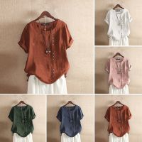 COD dhdfxcz M-5XL Women Cotton Linen O Neck Button Down Plus Size Blouse