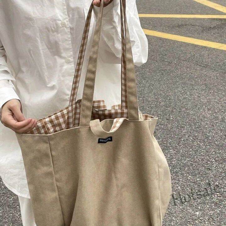 hot-sale-c16-double-sided-design-plaid-canvas-tote-bag-korean-ins-lazy-style-shoulder-bag-handbag