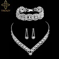 TREAZY Silver Color Rhinestone Crystal Bridal Jewelry Sets for Women Necklace Earrings celet Set Wedding Jewelry Accessories