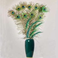 ◆❧✉ New Chinese style ceramic vase home decoration pure natural real peacock feather living room bedroom wedding