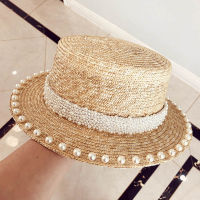 Fibonacci 2019 New Pearl Decoration Sun Hat for Women Flat Top Jazz Fedoras Panama Summer Straw Hat Brief Blue Girdle Beach Hats