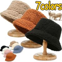 {Hat Shop} Topi Bucket แฟชั่นแคชเมียร์7สีสำหรับฤดูหนาวสีทึบขนแกะหมวกใส่ตกปลาด้านบนปีกหมวกแบนกว้างกันหนาวหมวกกันลม