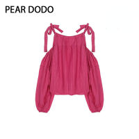 PEAR DODO เสื้อเชิ้ตแขนยาวสีพื้นทรงหลวมสไตล์เกาหลีสำหรับผู้หญิงลูกไม้เปิดไหล่