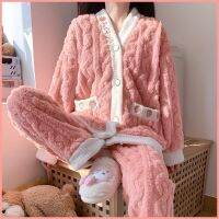 Strawberry Women Pajamas Set Winter Sleepwear Fleece Velvet 2 Piece Pant Home Suit Fluffy Button Cute Piiama Warm Night Wear New