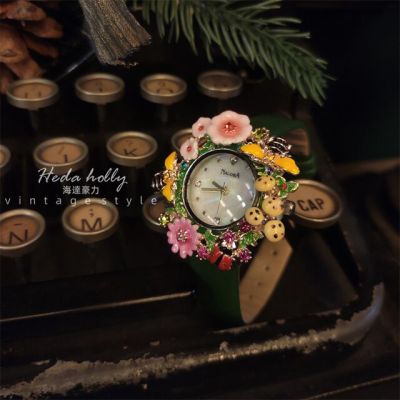 สายนาฬิกาข้อมือผู้หญิงหนังแท้ลายดอกไม้เพชรผึ้งคุณภาพสูงหรูหราของขวัญควอทซ์ย้อนยุค2022