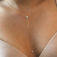 925 Sterling silver simple long chain lariat necklace triangle round cz charm Y shaped minimal deilcate dainty women style