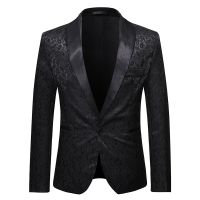 ZZOOI Mens Black Paisley Jacquard Blazer Jacket One Button Shawl Colalr Blazer Men Business Formal Dress Blazer Stage Banquet Costume