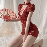 Lace Up Backless Perspective Qipao Hollow Out Mesh Women Cheongsam Dress Hot Sexy Costumes V Neck Skinny Tempatation Lingerie