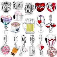 ☢✹▧ Happy Birthday 925 Sterling Silver Birthday Cake Balloon Beer Dangle Charm Bead Fit Original Pandora Bracelet Women Jewelry Gift