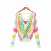 new women fashion v neck colorful striped knotted knitting sweater ladies long sleeve thin sweaters chic casual slim tops S326