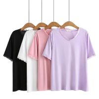 【มีไซส์ใหญ่】Plus Size Womens V-neck Tshirts Short Sleeve Summer White Black Shirts Oversized Slim Knitted Female Tops