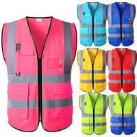 Hi vis Safety Vest Reflective With Zipper and Pockets Construction Workwear Logo Printing