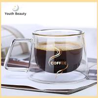 YOUTH BEAUTY 200ml ชัดเจน ผนังคู่ Borosilicate สูง แก้วมัคอาหารเช้า ถ้วยชากาแฟ ถ้วยคู่ พร้อมที่จับ