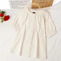 VONDA Women Casual O Neck Lace Button Up Tops Puff Sleeve Pleated Blouse (Korean Causal) #1
