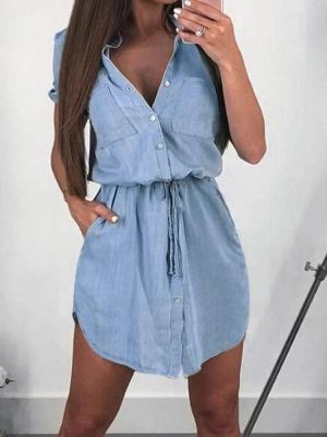 【CW】✶  Womens Short Sleeve Denim Down Collar Belted Jean Shirtdress with Pockets 2023 New