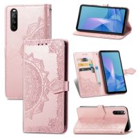 สำหรับ Sony Xperia 1 III ลายนูนมันดาลาหนังฝาพับแบบแนวนอนเคสมีขาตั้ง &amp; ช่องเสียบการ์ด &amp; กระเป๋าสตางค์ &amp; สายคล้อง