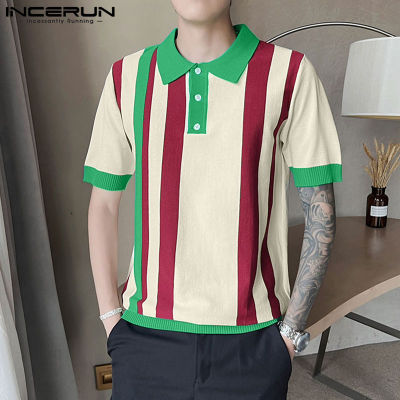 เสื้อแฟชั่นเสื้อสีมีปกลายทางผู้ชายแขนสั้น INCERUN (สไตล์เกาหลี)