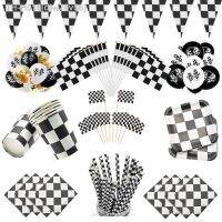 △✻✖ Black White Racing Car Party Deco Servies Chess Disposable tableware Set Checkered Flag Party Supplies Baby Shower Deco for Kids