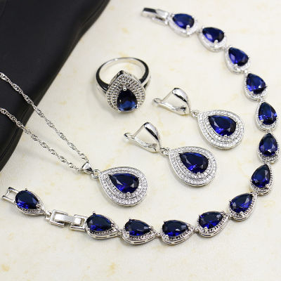 Trendy 925 Silver Rings Earrings Necklace Bracelet Jewelry Set for Women Wedding Party Sapphire Gemstone Water Drop Shaped Gifts