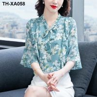 Summer floral chiffon shirt short-sleeved top womens clothing 2023 lotus leaf sleeve tie temperament belly-covering shirt small shirt