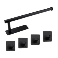 Wall Mounted Paper Towel Holder with 4 Hooks, Black Free Punch Roll Paper Holder, Suitable for Bathroom, Kitchen