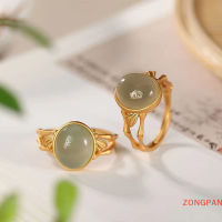 ZONGPAN แหวนทองโบราณสีเขียวฝังจิวเวลรี่หยกรูปวงรีแหวนไม้ไผ่เปิดปรับได้สุดสร้างสรรค์สำหรับสุภาพสตรีเครื่องประดับคลาสสิกสุดหรู