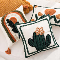 2023 New Nordic Cotton Embroidery Cushion Covers Simple Green Cactus Embroidered Soft Decorative Sofa Waist Pillow Cases 45x45CM Orange Floral Pillow Cover for Living Room Hotel Bed Decor