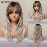 【jw】▦ LOUIS FERRE Straight Synthetic Wig for Ash Blonde Wigs with Bangs Ombre Layered Hair Resistant