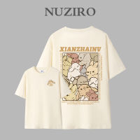 NUZIRO เสื้อยืดแขนสั้นพิมพ์ลายสองด้านสำหรับผู้หญิงรอบคอหลวมผ้าฝ้ายบริสุทธิ์เกาหลี