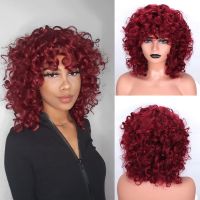 JUNSI Short Curly Synthetic Wig Natural Wigs Red Wine Pink Yellow Orange  American Woman Cosplay Wig  Hair Extensions Pads