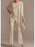 【YF】 Pantsuit / Jumpsuit Mother of the Bride Dress Elegant Jewel Neck Floor Length Chiffon Lace 3/4 Sleeve with Beading Appliques