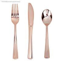 ☌№◘ 18Pcs Rose Gold Plastic Disposable Tableware Dessert Knives Forks Spoon Wedding Birthday Party Decoration Supplies Cutlery Set