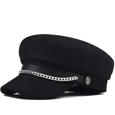 Utumn Winter Chain Black Wool Military Berets Women Female Flat Army Hats Salior Hat Travel Newsboy Caps Painters Cap