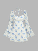 Cider เดรสแขนยาวผู้หญิง เดรสแฟชั่นผญ ลายดอกไม้ มินิเดรส สไตล์เกาหลีFloral Bell Sleeve Halter Knotted Mini Dr