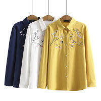 【มีไซส์ใหญ่】Plus Size Full Cotton Floral Embroidery Vintage Tops Women Long Sleeved Spring Autumn Blouse Ladies OL A-line Blusas