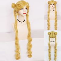 Sailor Moon for Tsukino Usagi Long Curly Double Ponytails Golden Blonde Yellow Silver Synthetic Cosplay Wig &amp; 1pc Wig Cap Wig  Hair Extensions Pads