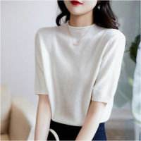 Fashion Mock Neck Women T Shirt Spring Autumn Knitted Sweaters Casual Loose Half Sleeve Pullover Tops Solid Jumper T-Shirt Femme