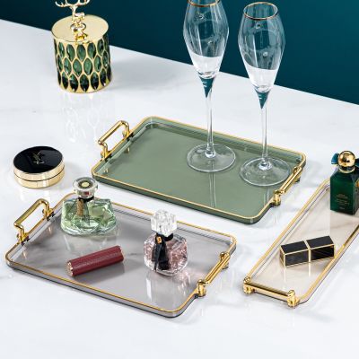 【CC】๑  Luxury Rectangular Tray Gold Handle Storage Cup Fruit Supplies