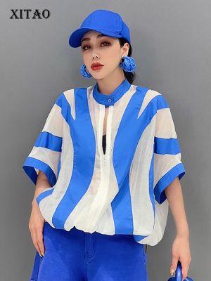 XITAO Shirt Contrast Color Loose Zipper Shirt  Batwing Sleeve Women Top