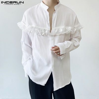 INCERUN เสื้อเสื้อเย็บลูกไม้คอจีนแขนยาวสำหรับผู้ชายวินเทจ (สไตล์เกาหลี)