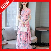 NEW MALL WomenS Dress 2021 Korean V-Neck Waist Short-Sleeved Floral Print Dress